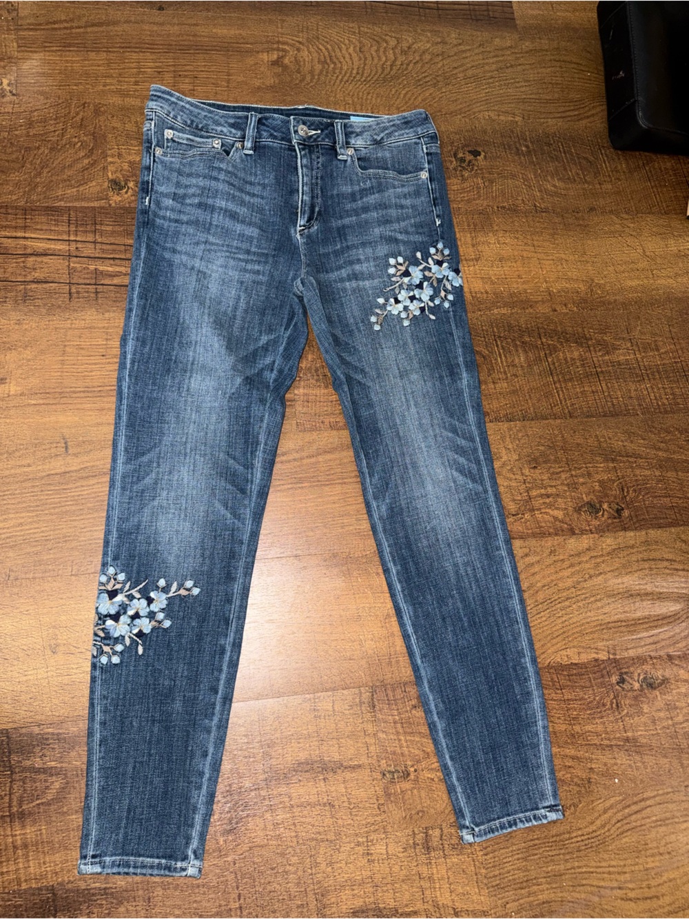 CeCe Dark Blue Skinny Jeans with Light Blue Floral Embroidery